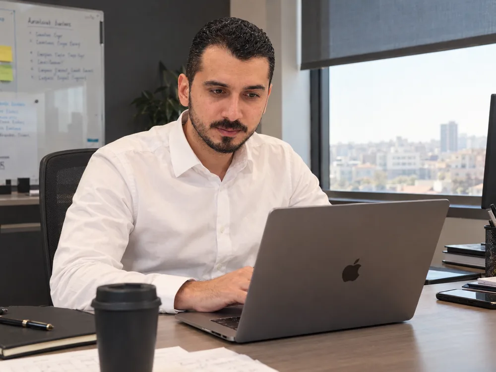Mohammad Musallam working at a laptop